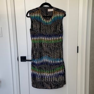 Peter Pilotto Silk Shift Dress. Black Printed Beaded & Sequin Accents. Sz8